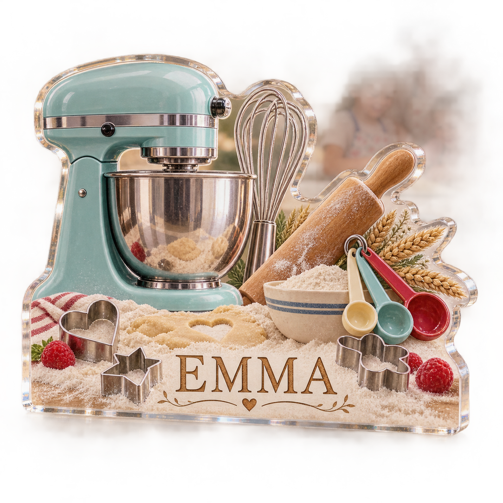 Artwork visualization: Family baking tools — kitchen wall collection, personalized EMMA, subject-shaped acrylic with printed optical 3D depth; not carved relief.