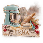 Artwork visualization: Family baking tools — kitchen wall collection, personalized EMMA, subject-shaped acrylic with printed optical 3D depth; not carved relief.