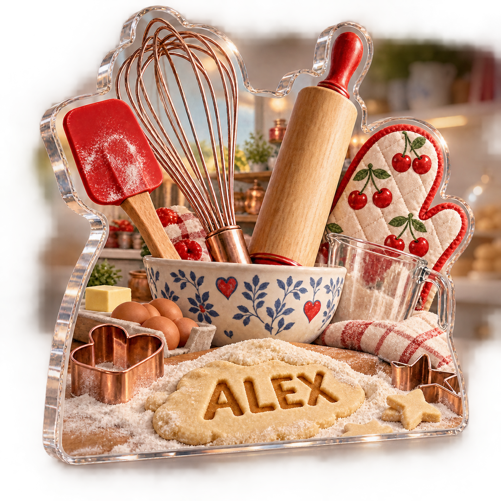 Artwork visualization: Family baking tools — host thank you gift, personalized ALEX, subject-shaped acrylic with printed optical 3D depth; not carved relief.