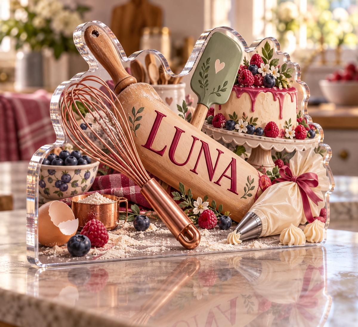 Artwork visualization: Family baking tools — food hobby birthday, personalized LUNA, subject-shaped acrylic with printed optical 3D depth; not carved relief.