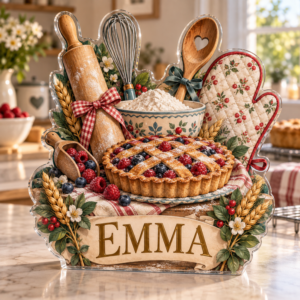 Artwork visualization: Family baking tools — family cooking day, personalized EMMA, subject-shaped acrylic with printed optical 3D depth; not carved relief.