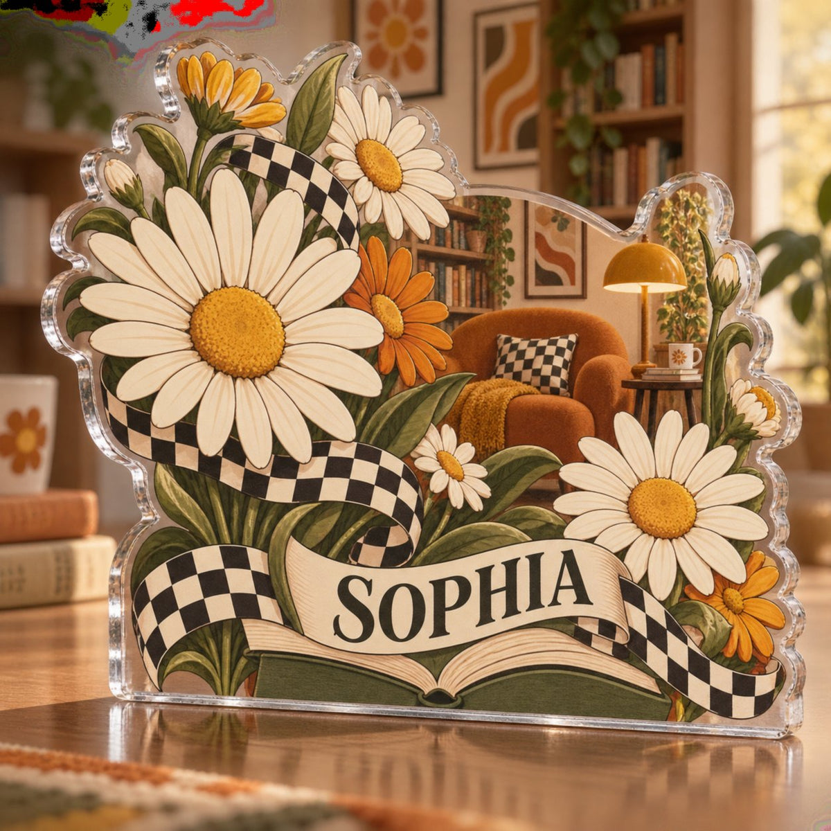 Personalized Checkerboard Daisies Reading Nook Decor custom shape acrylic plaque with an example name set into the artwork, digital preview