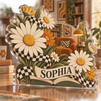 Artwork visualization: Checkerboard daisies — reading nook decor, personalized SOPHIA, subject-shaped acrylic with printed optical 3D depth; not carved relief.