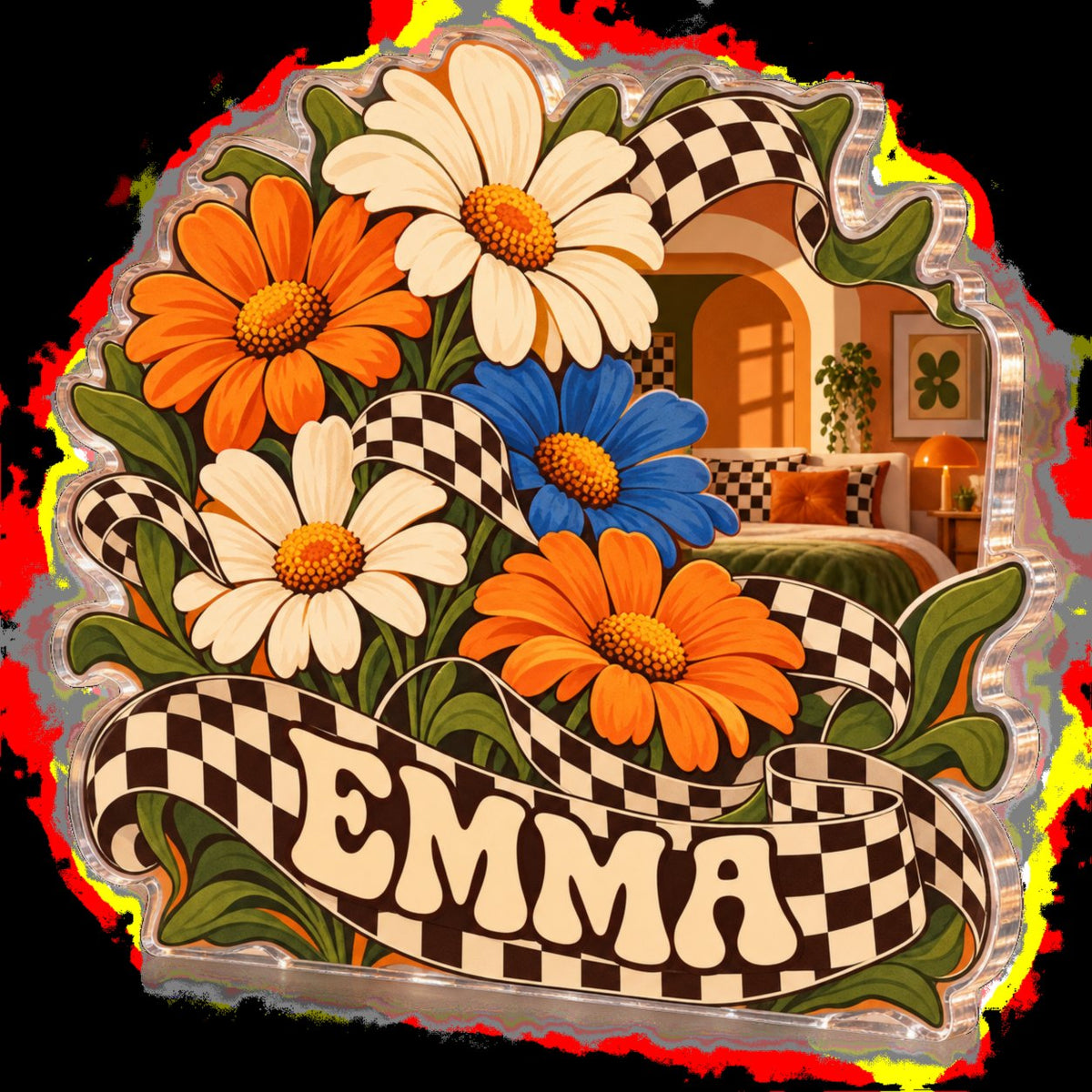 Personalized Checkerboard Daisies Bedroom Statement Decor custom shape acrylic plaque with an example name set into the artwork, digital preview