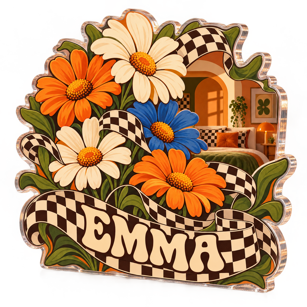 Artwork visualization: Checkerboard daisies — bedroom statement decor, personalized EMMA, subject-shaped acrylic with printed optical 3D depth; not carved relief.