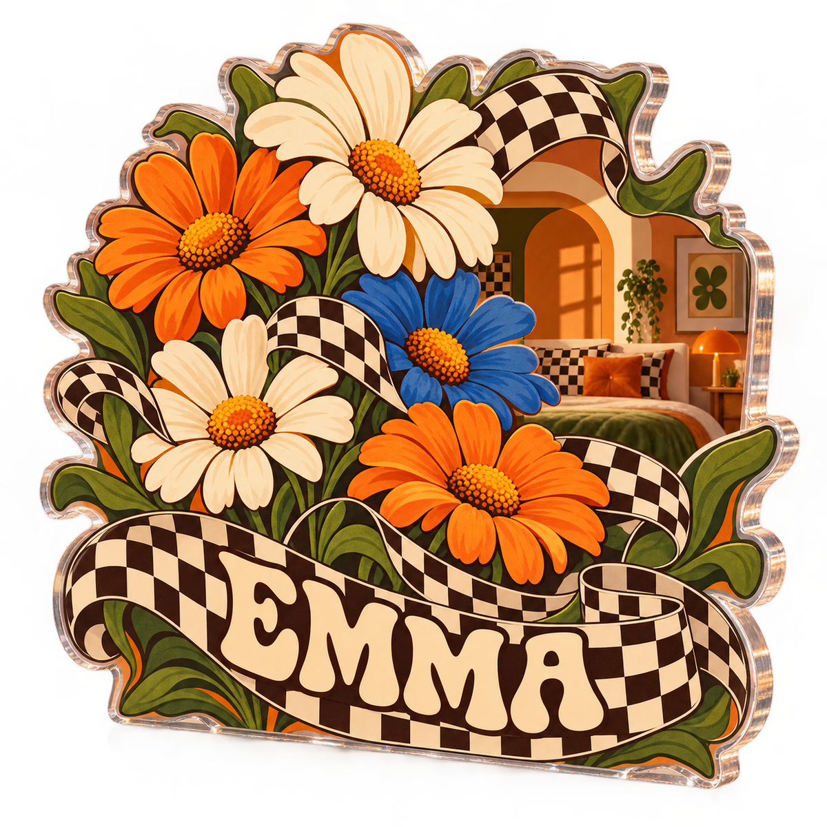 Artwork visualization: Checkerboard daisies — bedroom statement decor, personalized EMMA, subject-shaped acrylic with printed optical 3D depth; not carved relief.