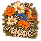Artwork visualization: Checkerboard daisies — bedroom statement decor, personalized EMMA, subject-shaped acrylic with printed optical 3D depth; not carved relief.