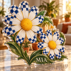 Artwork visualization: Checkerboard daisies — personalized housewarming, personalized MIA, subject-shaped acrylic with printed optical 3D depth; not carved relief.