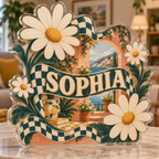 Artwork visualization: Checkerboard daisies — apartment gallery wall, personalized SOPHIA, subject-shaped acrylic with printed optical 3D depth; not carved relief.
