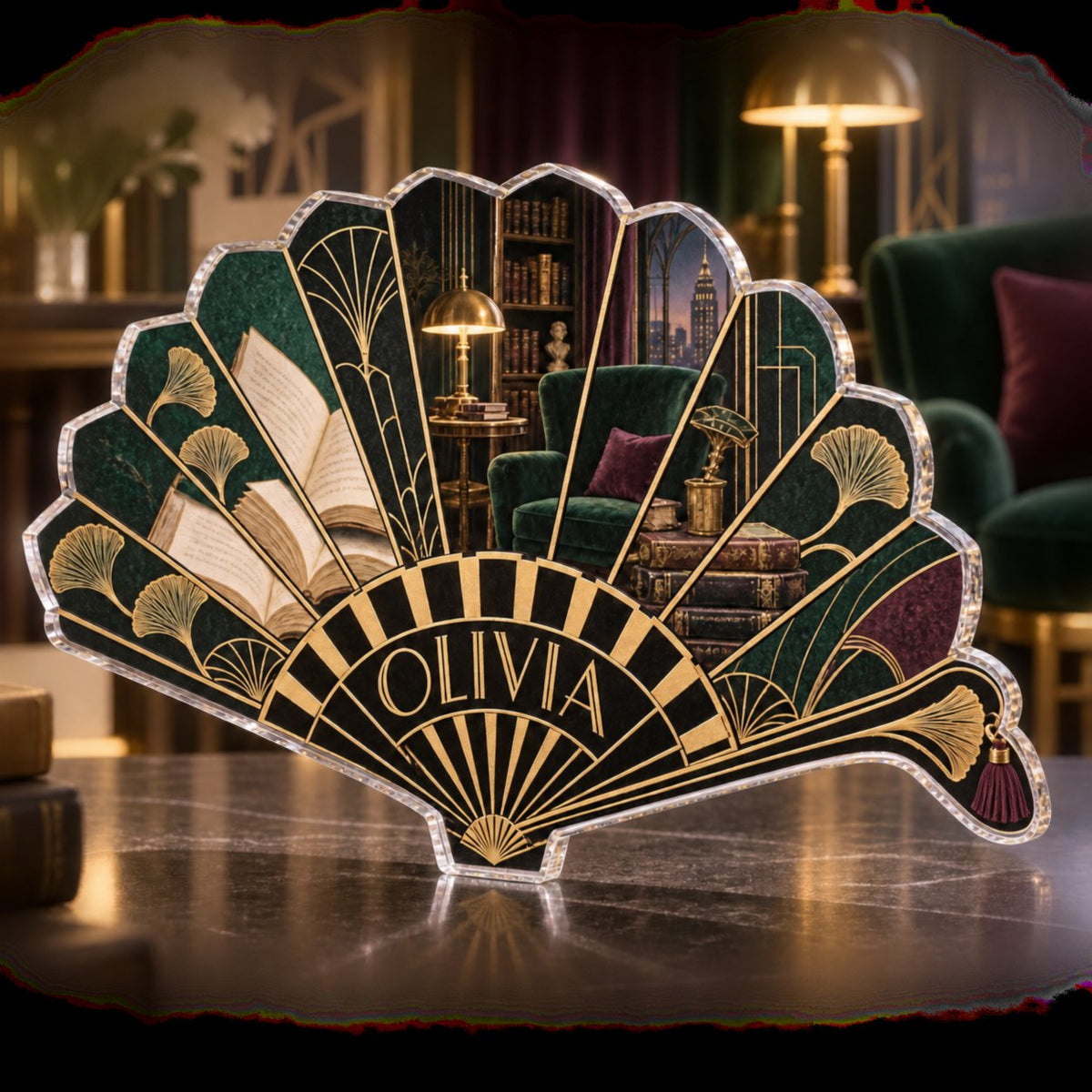 Personalized Art Deco Fan Reading Nook Decor custom shape acrylic plaque with an example name set into the artwork, digital preview