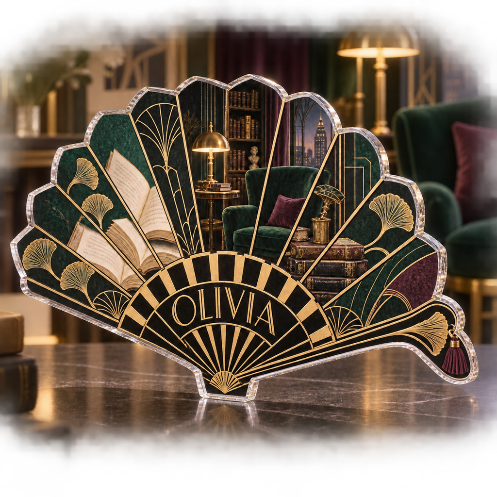 Artwork visualization: Art deco fan — reading nook decor, personalized OLIVIA, subject-shaped acrylic with printed optical 3D depth; not carved relief.