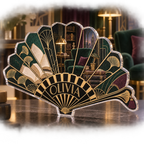 Artwork visualization: Art deco fan — reading nook decor, personalized OLIVIA, subject-shaped acrylic with printed optical 3D depth; not carved relief.