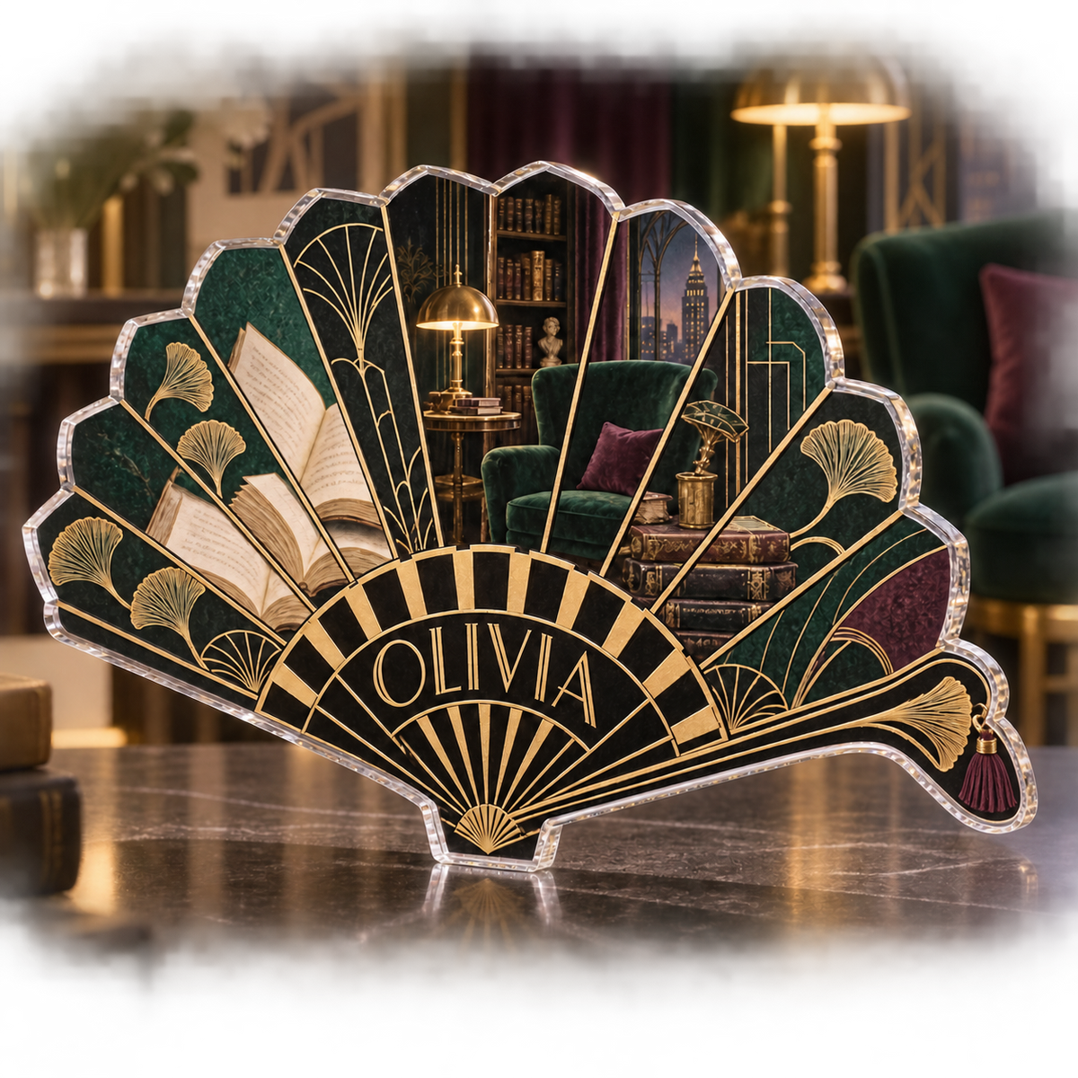 Artwork visualization: Art deco fan — reading nook decor, personalized OLIVIA, subject-shaped acrylic with printed optical 3D depth; not carved relief.