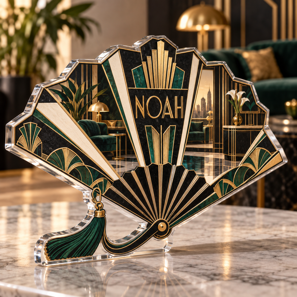 Artwork visualization: Art deco fan — personalized housewarming, personalized NOAH, subject-shaped acrylic with printed optical 3D depth; not carved relief.