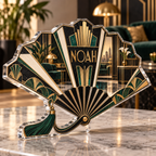 Artwork visualization: Art deco fan — personalized housewarming, personalized NOAH, subject-shaped acrylic with printed optical 3D depth; not carved relief.