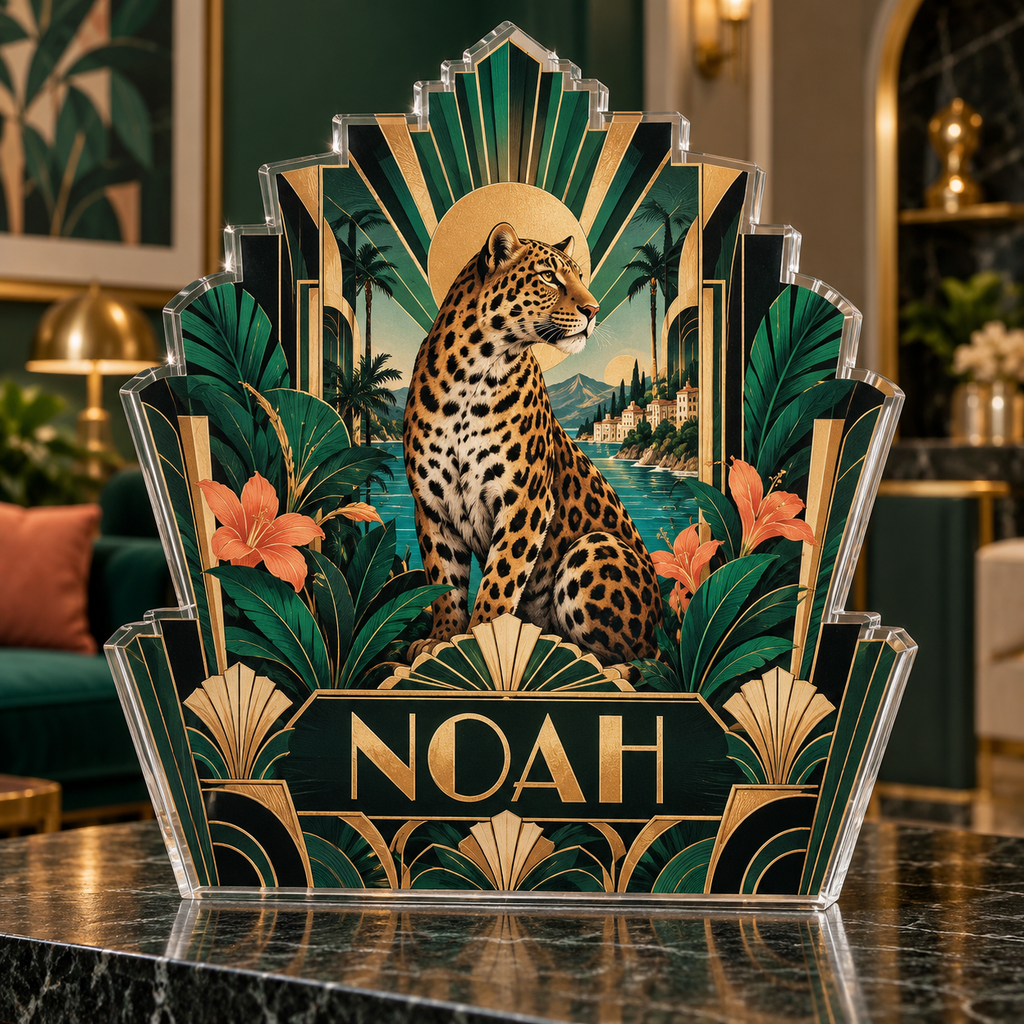 Artwork visualization: Art deco fan — apartment gallery wall, personalized NOAH, subject-shaped acrylic with printed optical 3D depth; not carved relief.