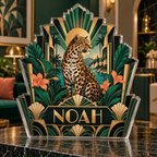 Artwork visualization: Art deco fan — apartment gallery wall, personalized NOAH, subject-shaped acrylic with printed optical 3D depth; not carved relief.