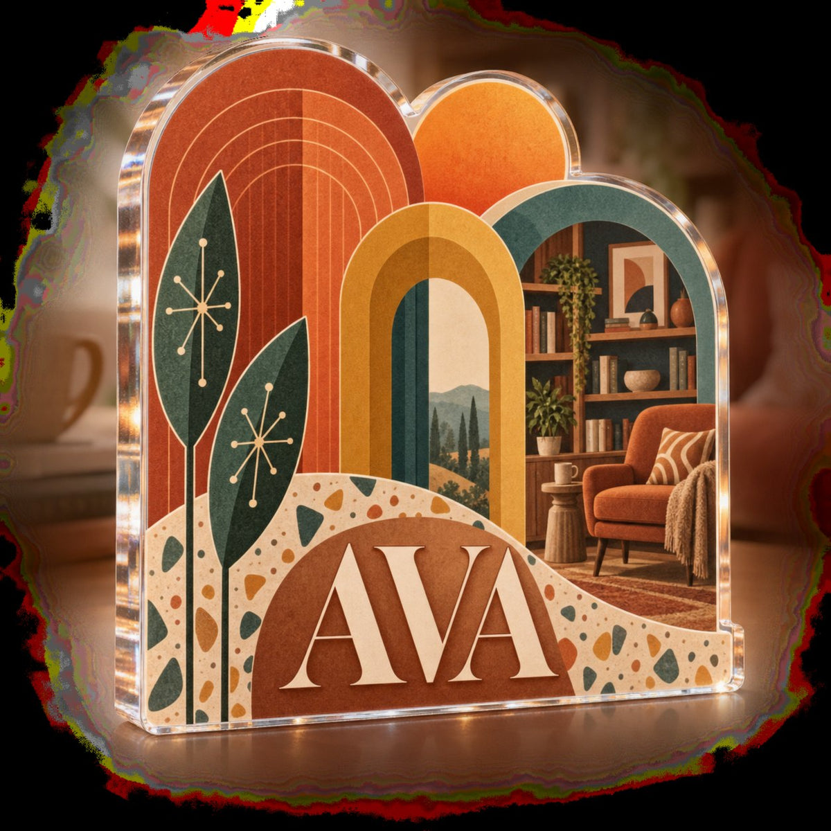 Personalized Mid Century Arches Reading Nook Decor custom shape acrylic plaque with an example name set into the artwork, digital preview