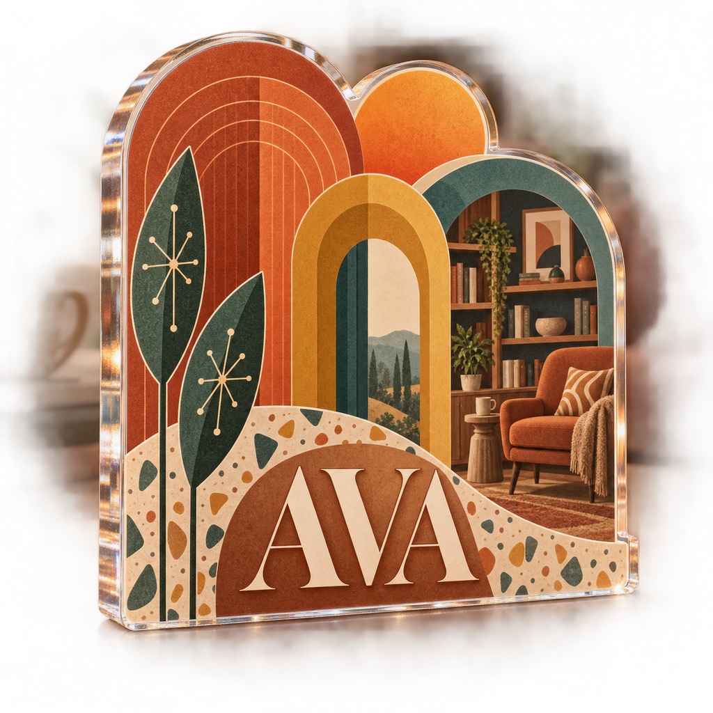 Artwork visualization: Mid century arches — reading nook decor, personalized AVA, subject-shaped acrylic with printed optical 3D depth; not carved relief.