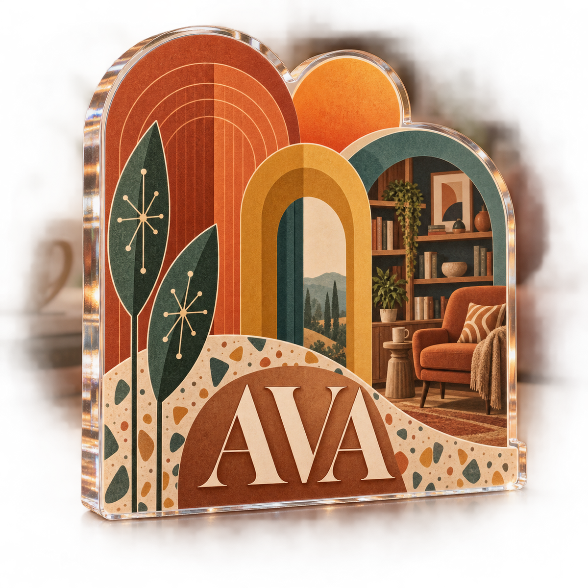 Artwork visualization: Mid century arches — reading nook decor, personalized AVA, subject-shaped acrylic with printed optical 3D depth; not carved relief.