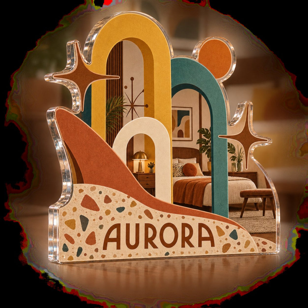 Personalized Mid Century Arches Bedroom Statement Decor custom shape acrylic plaque with an example name set into the artwork, digital preview