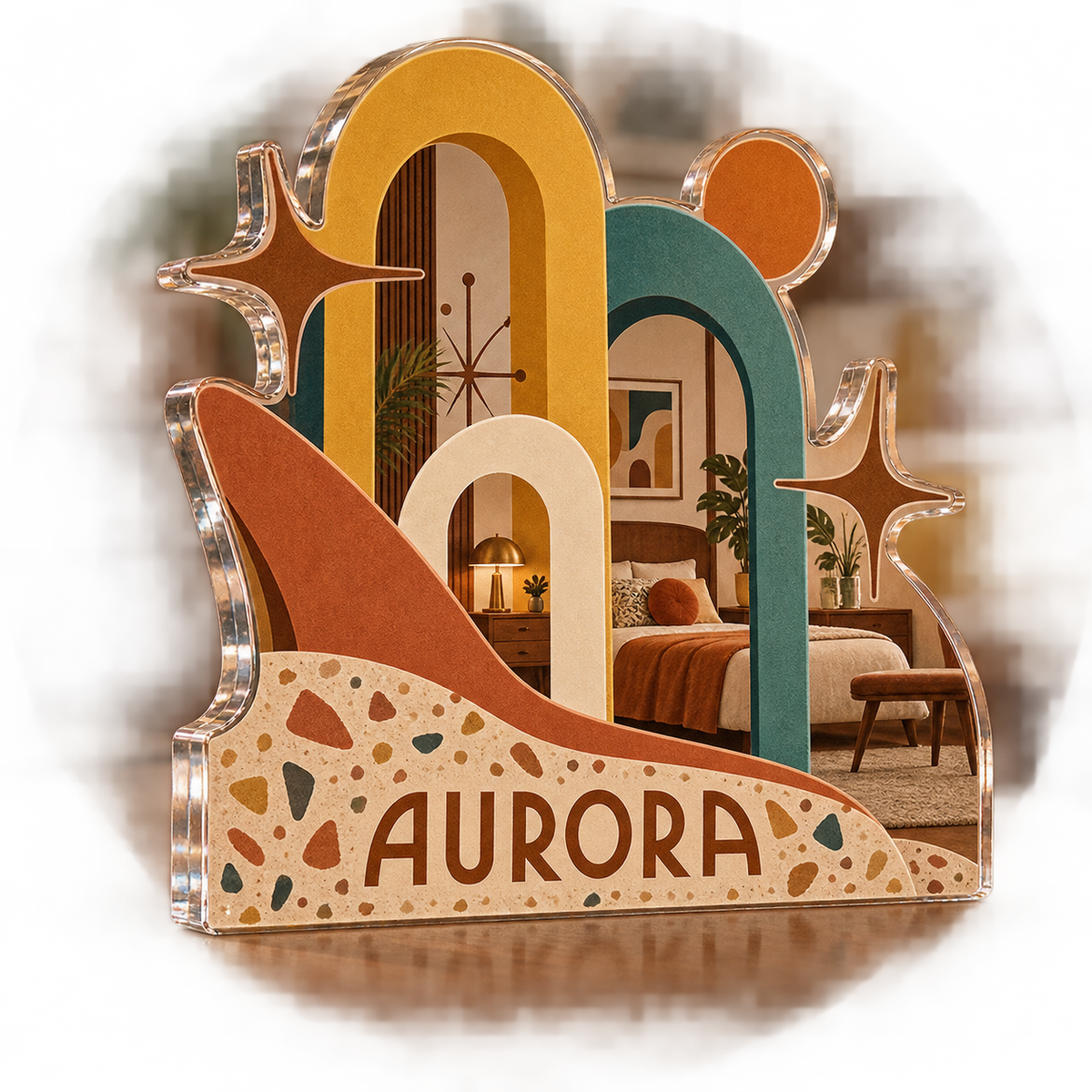 Artwork visualization: Mid century arches — bedroom statement decor, personalized AURORA, subject-shaped acrylic with printed optical 3D depth; not carved relief.