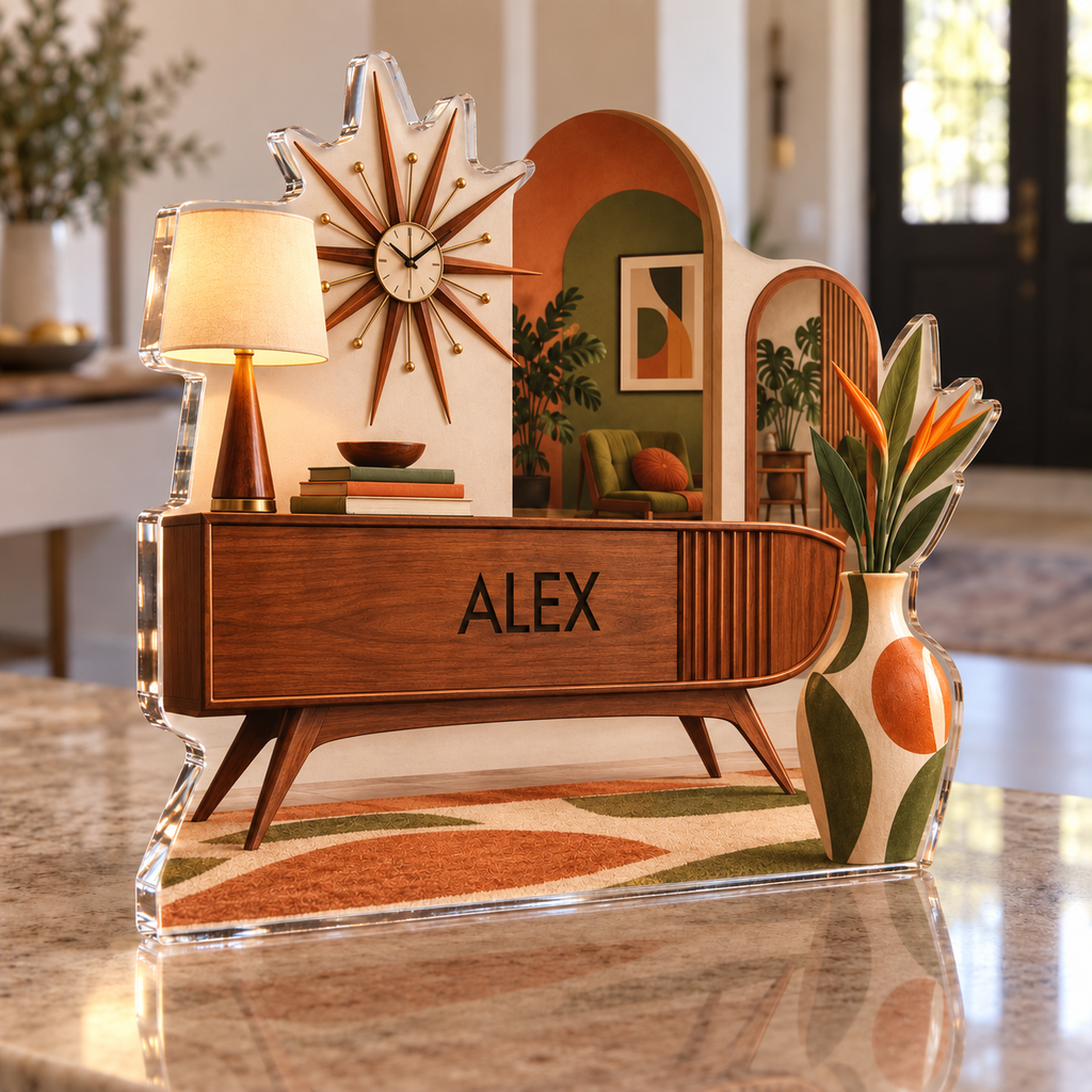 Artwork visualization: Mid century arches — personalized housewarming, personalized ALEX, subject-shaped acrylic with printed optical 3D depth; not carved relief.