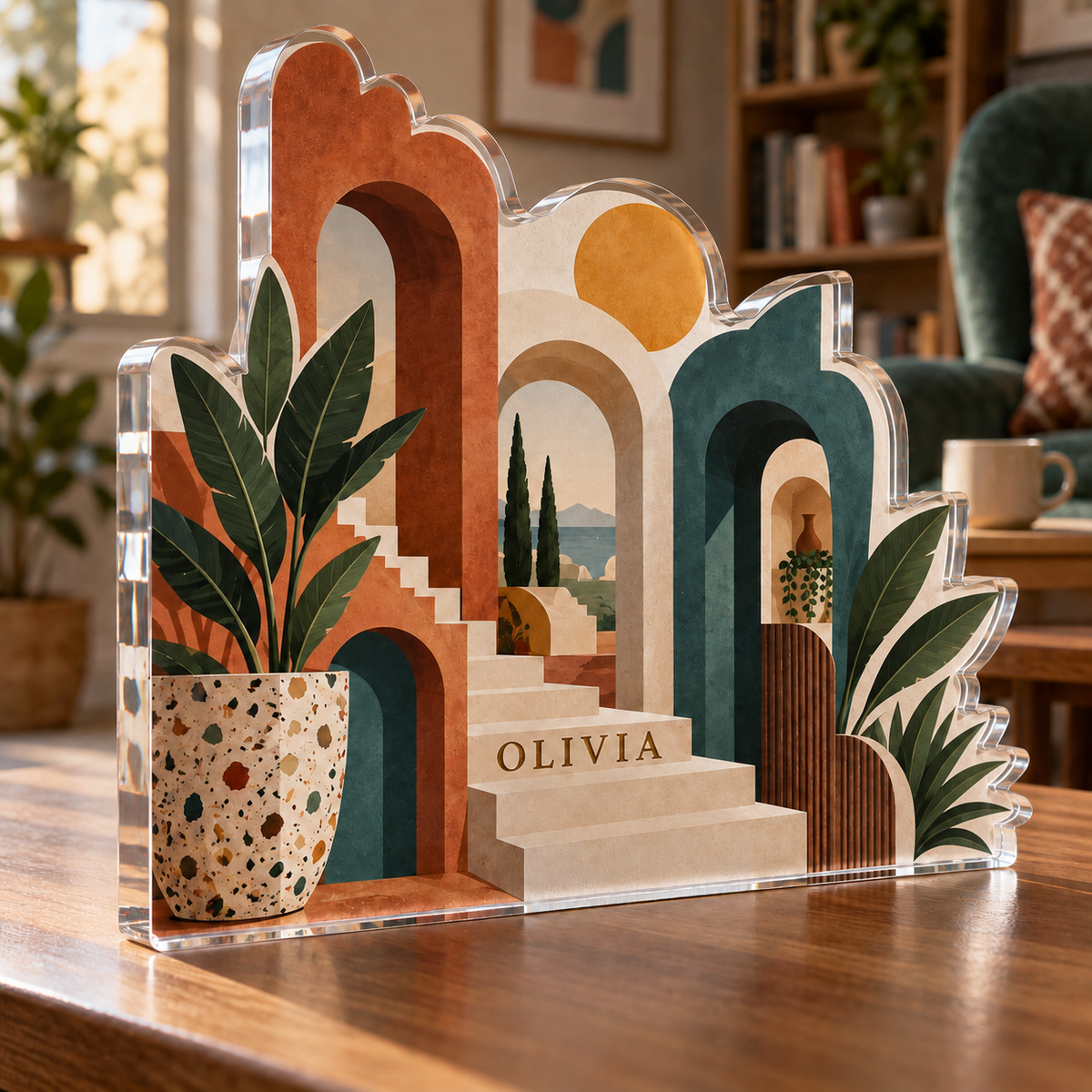 Artwork visualization: Mid century arches — quiet corner decoration, personalized OLIVIA, subject-shaped acrylic with printed optical 3D depth; not carved relief.
