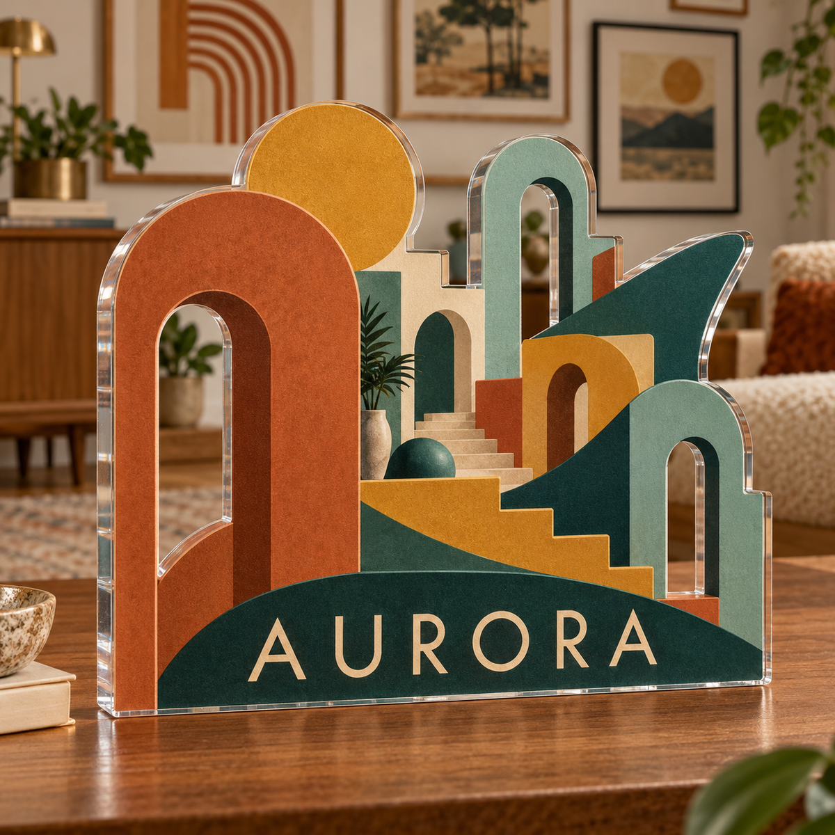 Artwork visualization: Mid century arches — apartment gallery wall, personalized AURORA, subject-shaped acrylic with printed optical 3D depth; not carved relief.