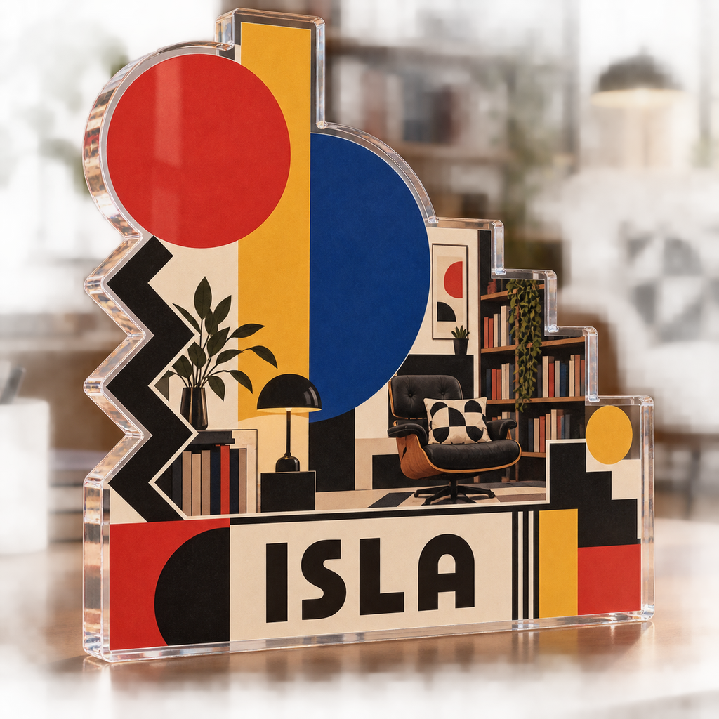Artwork visualization: Bauhaus inspired geometry — reading nook decor, personalized ISLA, subject-shaped acrylic with printed optical 3D depth; not carved relief.