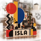 Artwork visualization: Bauhaus inspired geometry — reading nook decor, personalized ISLA, subject-shaped acrylic with printed optical 3D depth; not carved relief.