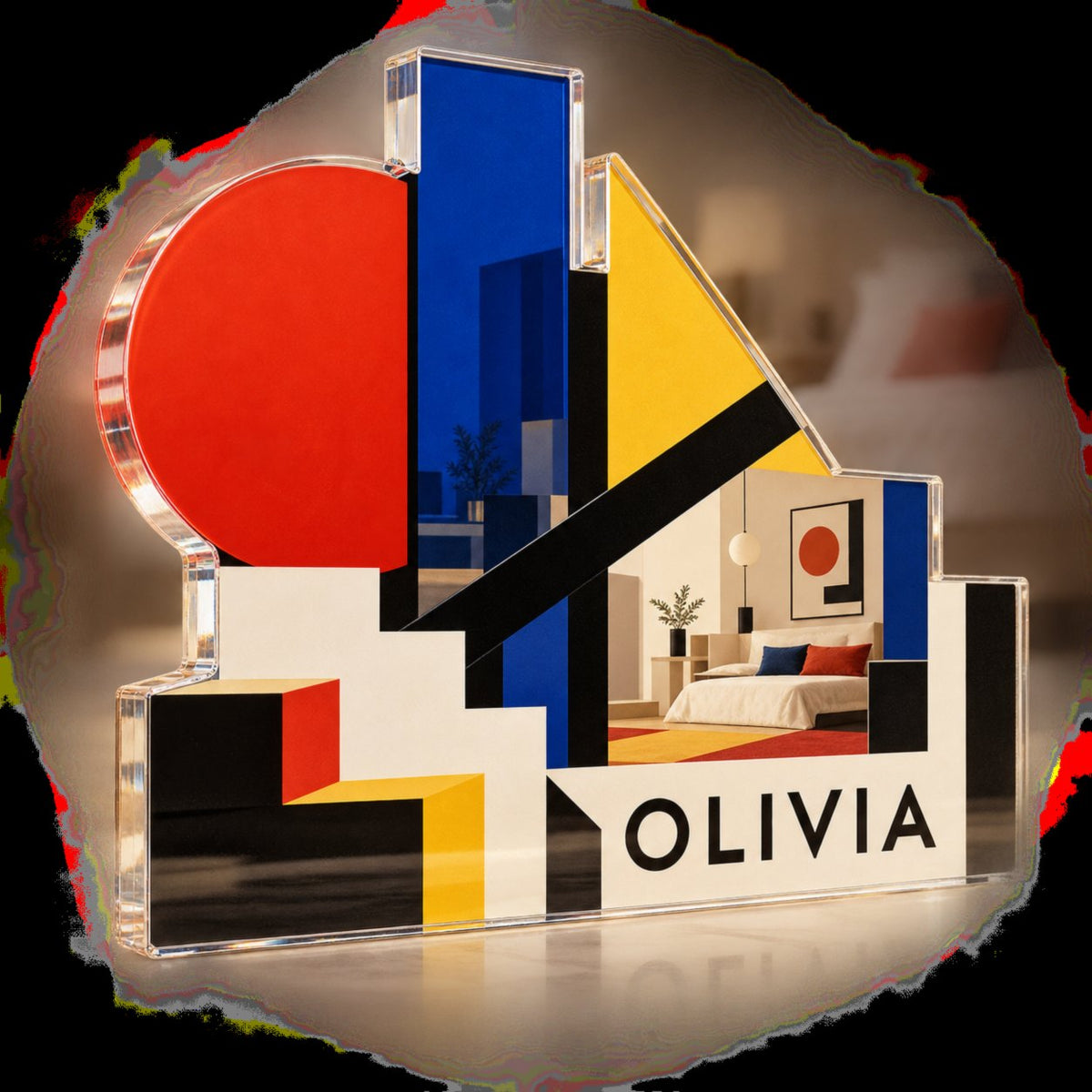 Personalized Bauhaus Inspired Geometry Bedroom Statement Decor custom shape acrylic plaque with an example name set into the artwork, digital preview
