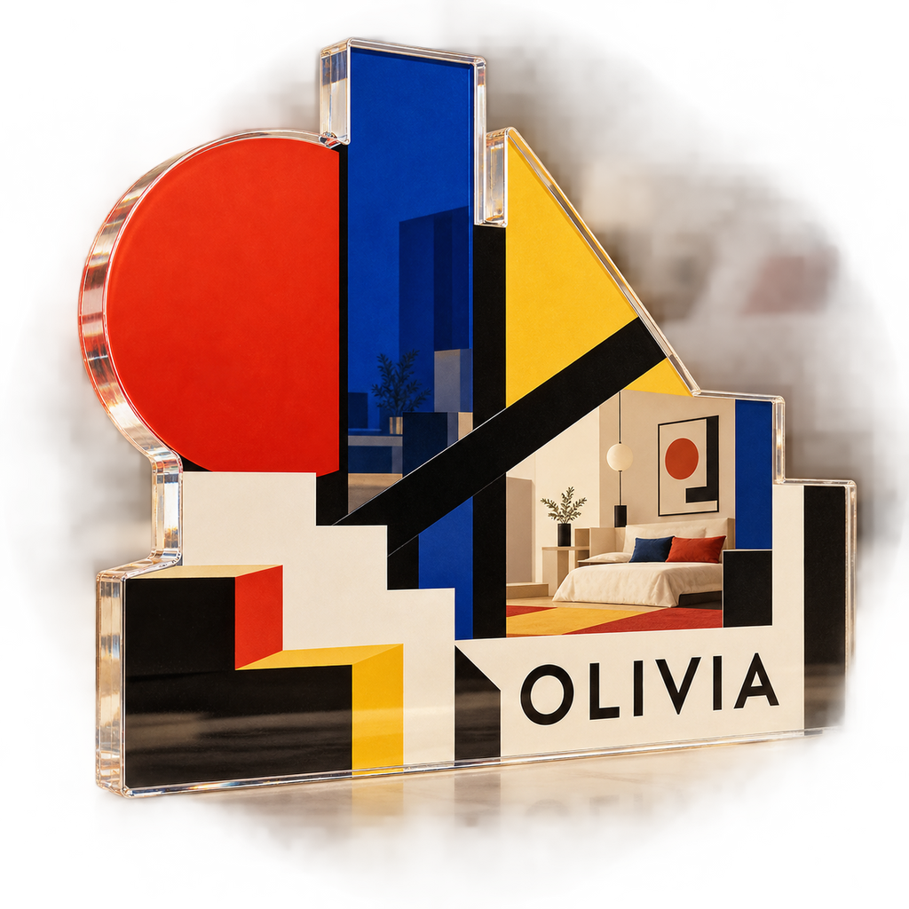 Artwork visualization: Bauhaus inspired geometry — bedroom statement decor, personalized OLIVIA, subject-shaped acrylic with printed optical 3D depth; not carved relief.