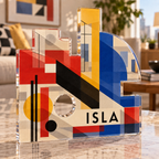 Artwork visualization: Bauhaus inspired geometry — personalized housewarming, personalized ISLA, subject-shaped acrylic with printed optical 3D depth; not carved relief.