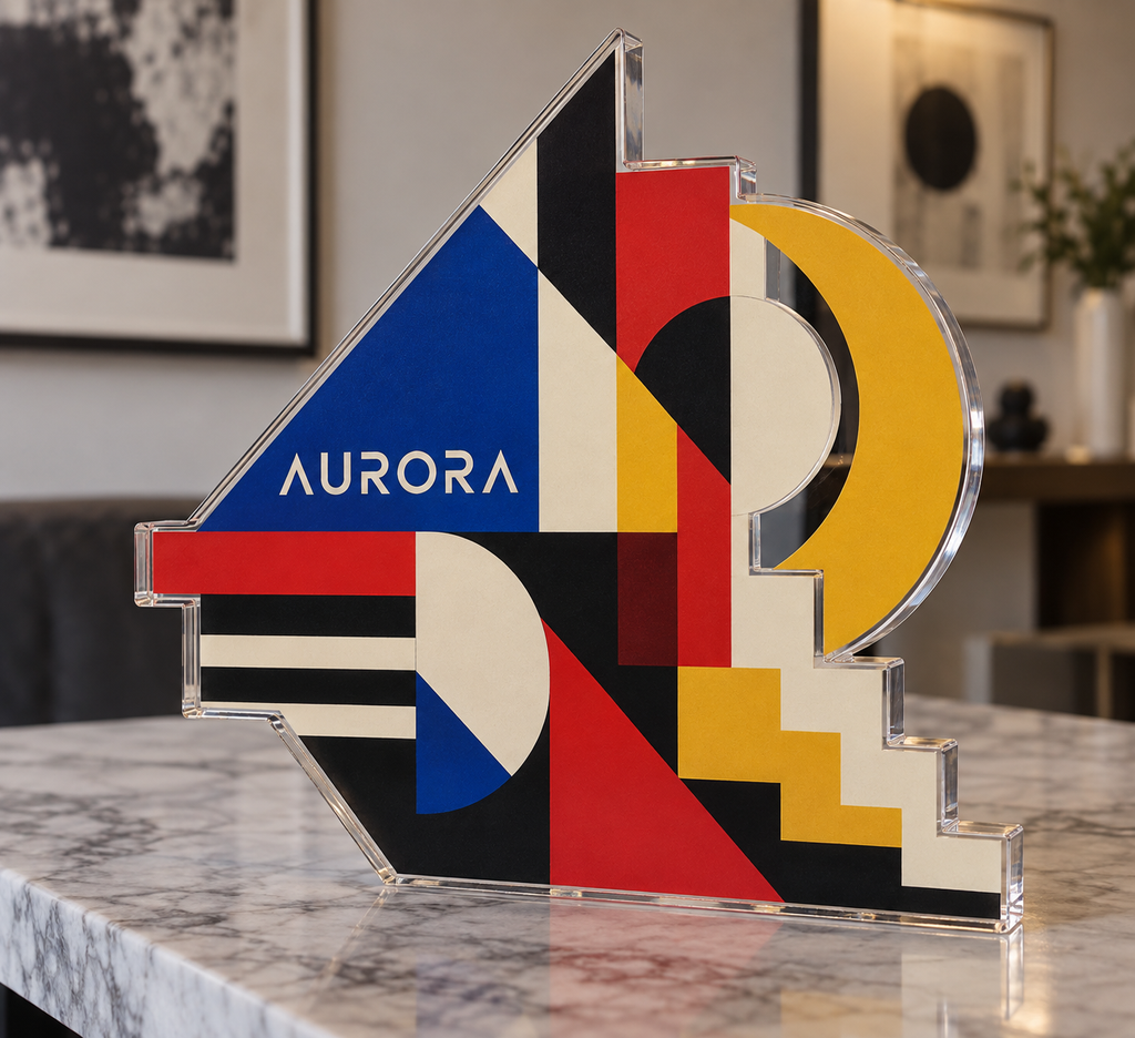Artwork visualization: Bauhaus inspired geometry — apartment gallery wall, personalized AURORA, subject-shaped acrylic with printed optical 3D depth; not carved relief.