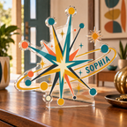 Artwork visualization: Atomic starburst — personalized housewarming, personalized SOPHIA, subject-shaped acrylic with printed optical 3D depth; not carved relief.