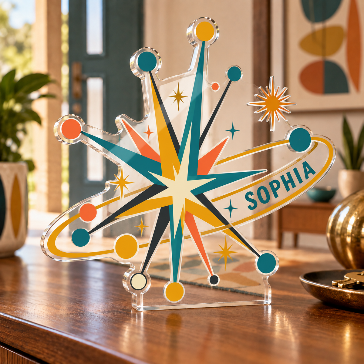 Artwork visualization: Atomic starburst — personalized housewarming, personalized SOPHIA, subject-shaped acrylic with printed optical 3D depth; not carved relief.