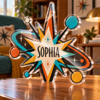 Artwork visualization: Atomic starburst — quiet corner decoration, personalized SOPHIA, subject-shaped acrylic with printed optical 3D depth; not carved relief.