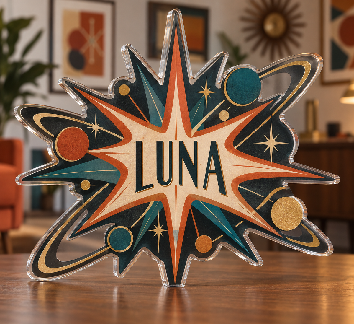 Artwork visualization: Atomic starburst — apartment gallery wall, personalized LUNA, subject-shaped acrylic with printed optical 3D depth; not carved relief.