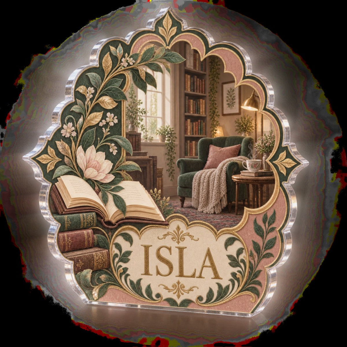 Personalized Scalloped Medallion Reading Nook Decor custom shape acrylic plaque with an example name set into the artwork, digital preview