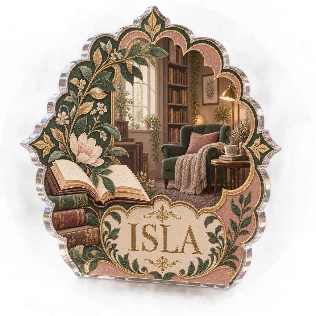 Artwork visualization: Scalloped medallion — reading nook decor, personalized ISLA, subject-shaped acrylic with printed optical 3D depth; not carved relief.