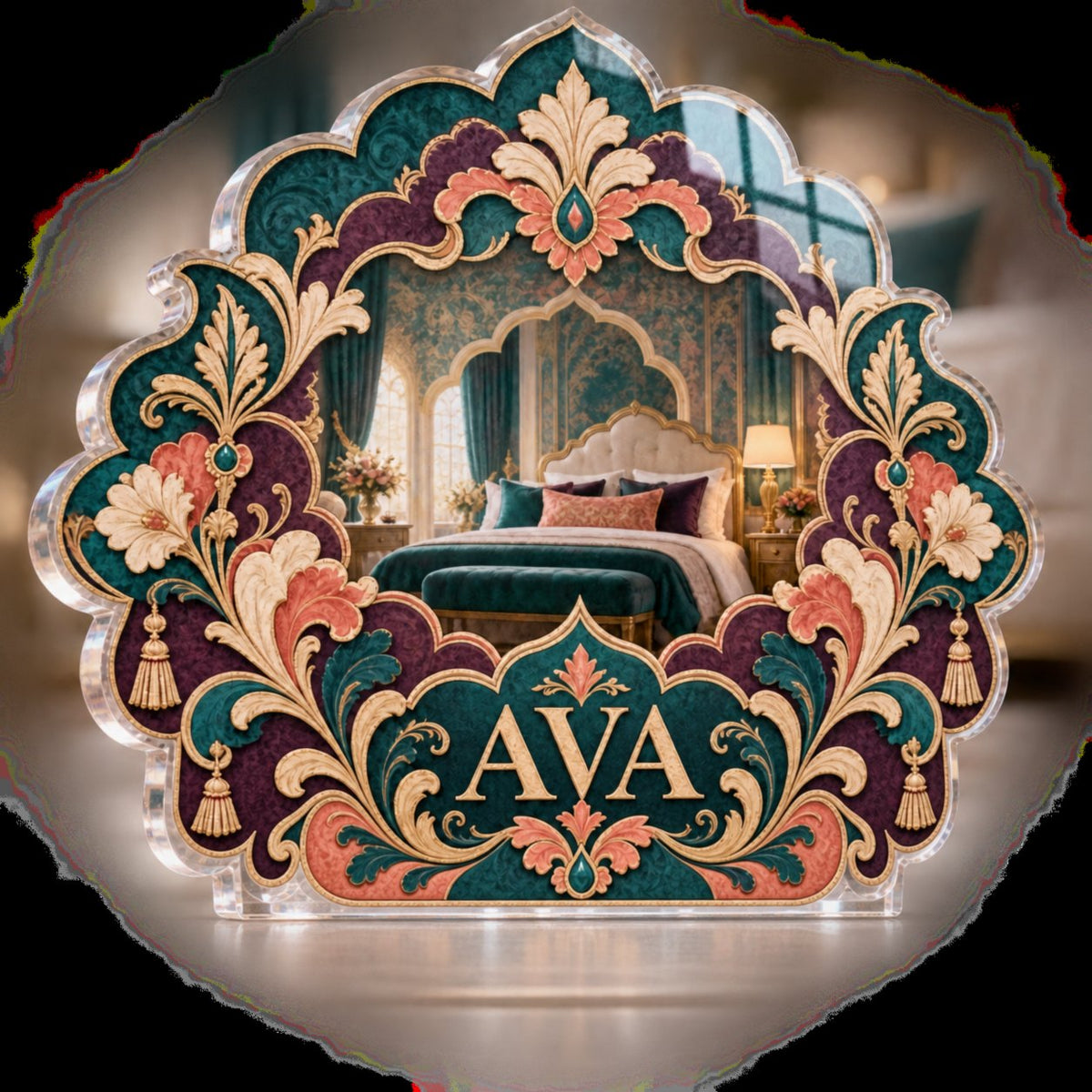 Personalized Scalloped Medallion Bedroom Statement Decor custom shape acrylic plaque with an example name set into the artwork, digital preview