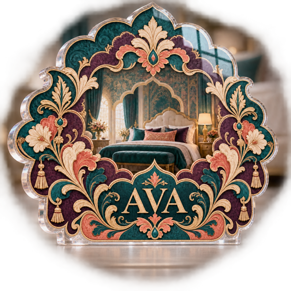 Artwork visualization: Scalloped medallion — bedroom statement decor, personalized AVA, subject-shaped acrylic with printed optical 3D depth; not carved relief.