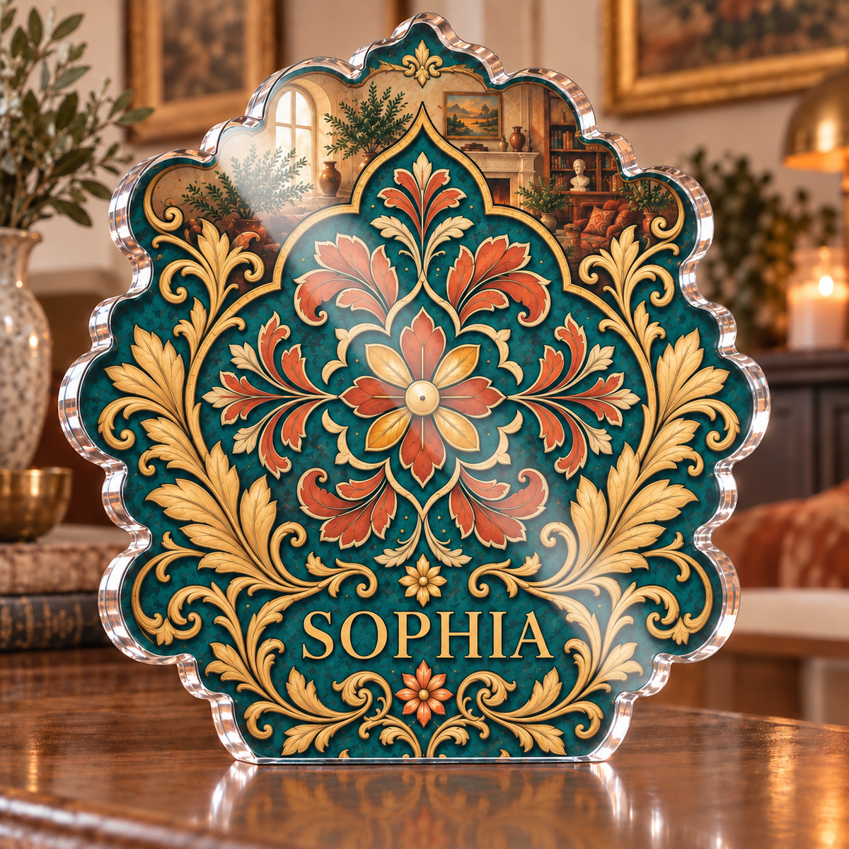 Personalized Scalloped Medallion — Living Room Focal Point acrylic plaque with an example name set into the artwork, digital preview