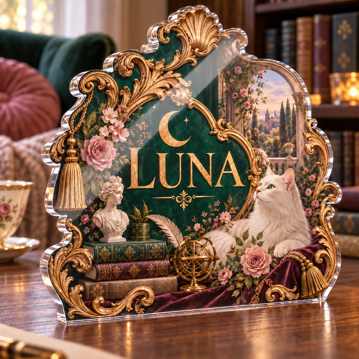 Artwork visualization: Scalloped medallion — quiet corner decoration, personalized LUNA, subject-shaped acrylic with printed optical 3D depth; not carved relief.