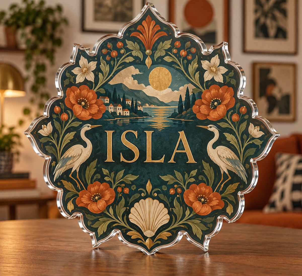 Artwork visualization: Scalloped medallion — apartment gallery wall, personalized ISLA, subject-shaped acrylic with printed optical 3D depth; not carved relief.