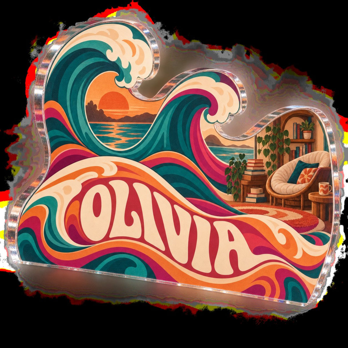 Personalized Groovy Waves Reading Nook Decor custom shape acrylic plaque with an example name set into the artwork, digital preview