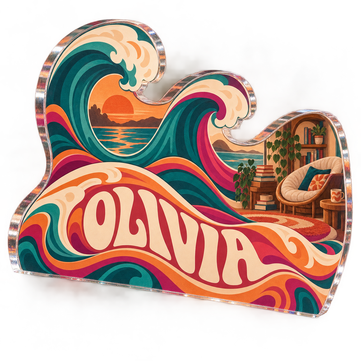 Artwork visualization: Groovy waves — reading nook decor, personalized OLIVIA, subject-shaped acrylic with printed optical 3D depth; not carved relief.