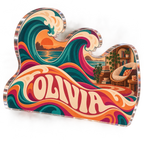 Artwork visualization: Groovy waves — reading nook decor, personalized OLIVIA, subject-shaped acrylic with printed optical 3D depth; not carved relief.