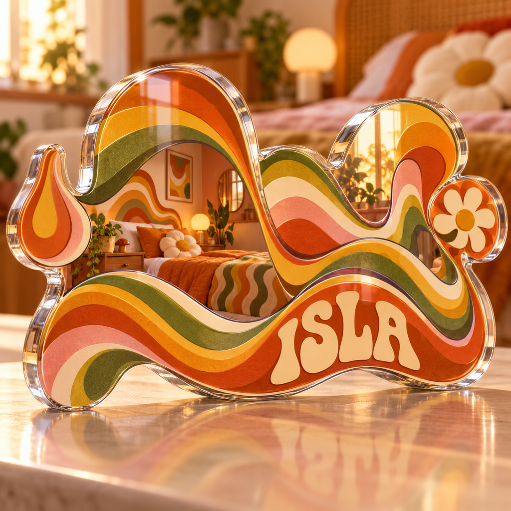 Artwork visualization: Groovy waves — bedroom statement decor, personalized ISLA, subject-shaped acrylic with printed optical 3D depth; not carved relief.
